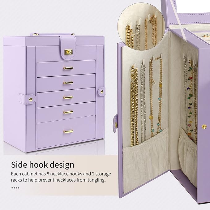 AKOZLIN Large Jewelry Box Organizer Functional with Big Mirror, Leather Jewelry Storage Case for Women Girls Ring Necklace Earring Bracelet Holder Organizer Violet