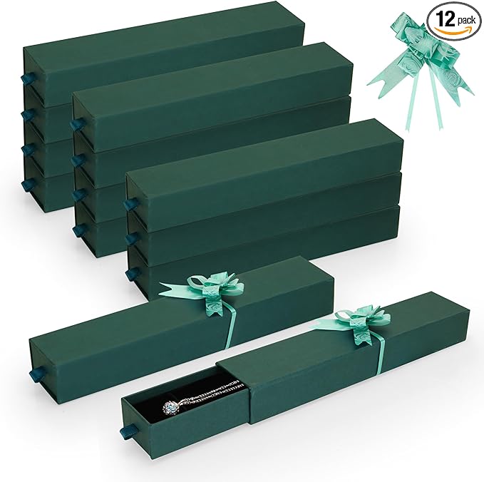12-Pack Drawer Style Jewelry Gift Boxes with Sponge Insert, 8.7"x1.8"x1.2" Necklace & Bracelet Display Box for Presentation, Cardboard Storage Organizer for Pendant, Ring, Earring - Green