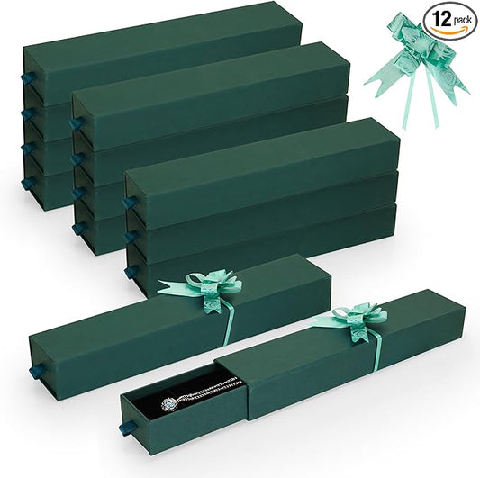 12-Pack Drawer Style Jewelry Gift Boxes with Sponge Insert, 8.7"x1.8"x1.2" Necklace & Bracelet Display Box for Presentation, Cardboard Storage Organizer for Pendant, Ring, Earring - Green