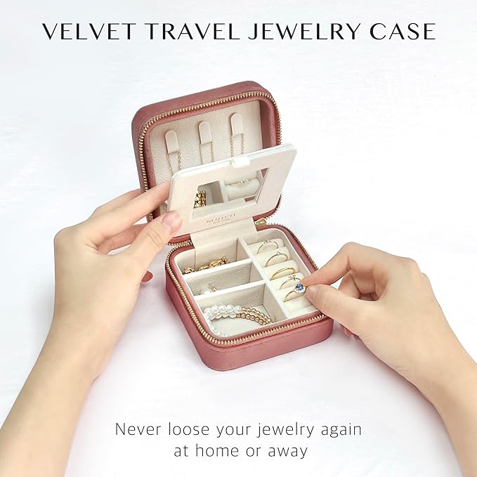 BLUTETE Travel Jewelry Box Organizer Velvet Travel Case With Mirror Ring Earrings Necklaces Storage Organizer Box (Dusty Pink)