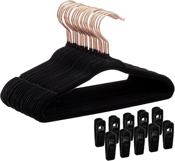 Tonswachic Baby Velvet Hangers 50 Pack - 11 Inch Premium Non Slip Felt Kids Hanger for Toddler & Infant Clothes - 0.2" Ultra Thin Baby Clothes Hangers with 10 Hanger Clips - Black