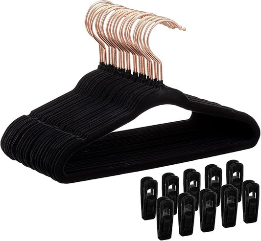 Tonswachic Velvet Baby Hangers 30 Pack - 11 Inch Premium Felt Non Slip Kids Hanger for Infant Toddler Clothes - 0.2" Ultra Thin Baby Clothes Hangers for Children's Closet with 10 Hanger Clips - Black