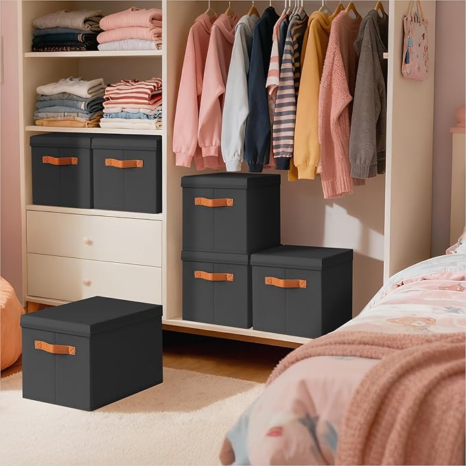 Homsorout Storage Bins with Lids - Large Fabric Closet Bins with Lid, 8 Pack Clothes Organizers and Storage, Collapsible Stackable Cube Basket for Home, Office, Dorm, Black