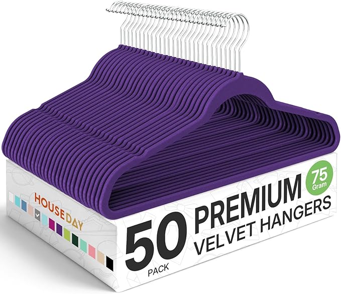 HOUSE DAY Premium Velvet Hangers 50 Pack, Non-Slip Flocked Felt Hangers, Sturdy Clothes Hanger with 360° Rotatable Hook, Heavy Duty Durable Slim Coat Hanger for Closet Space Saving (Noble-Purple)