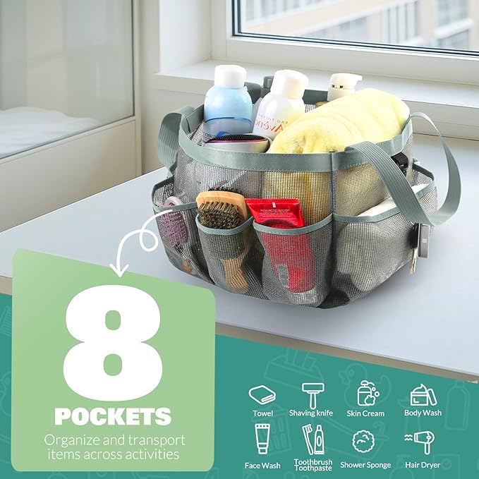 LOYEE Mesh Shower Caddy Portable for College Dorm Room Essentials with 8 Pockets, Shower Bag for Beach, Swimming, Gym, Travel, Bathroom(All gray)