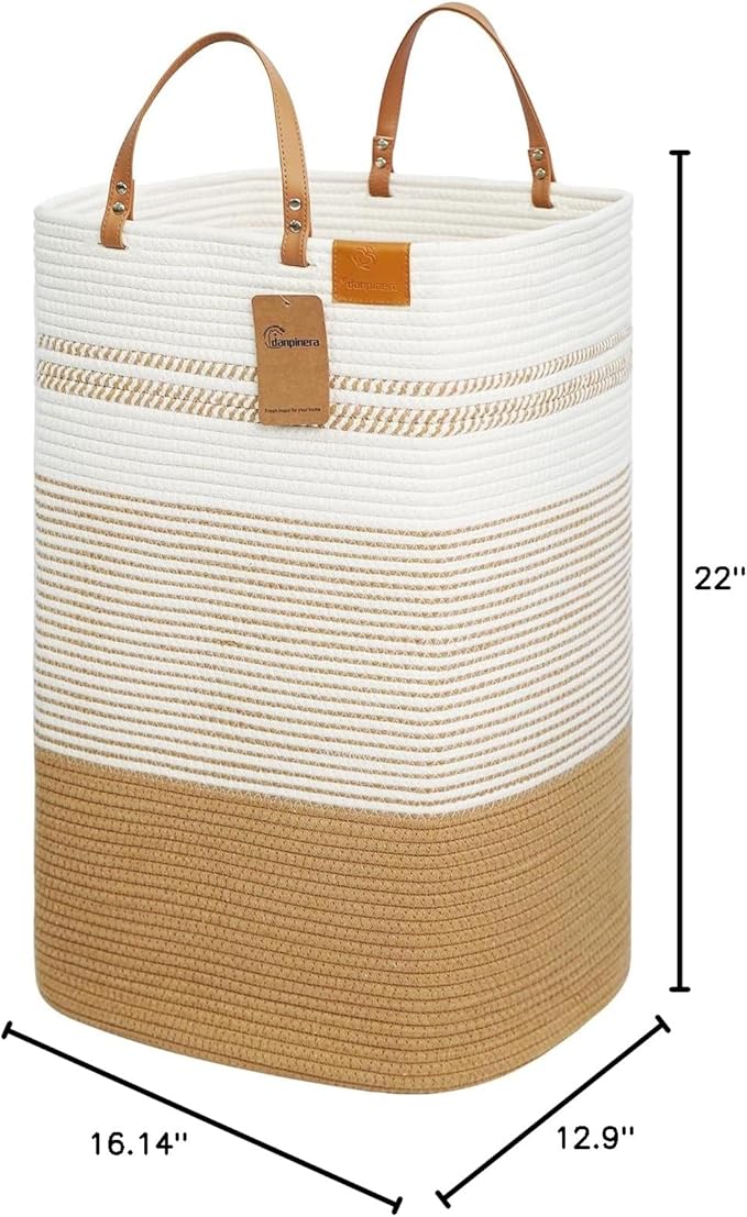 danpinera Large Laundry Hamper – 75L Tall Woven Cotton Storage Basket with Leather Handles, Slim Dirty Clothes Hamper, Decorative Storage Basket for Blanket,Toys White & Jute