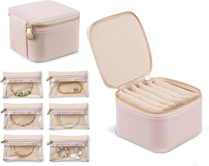 VLANDO Travel Jewelry Box Organizer – Portable PU Leather Jewelry Case with 6/8/12 Zippered Pouches, Compact Storage for Earrings Rings Necklaces Bracelets, Rosy Mauve