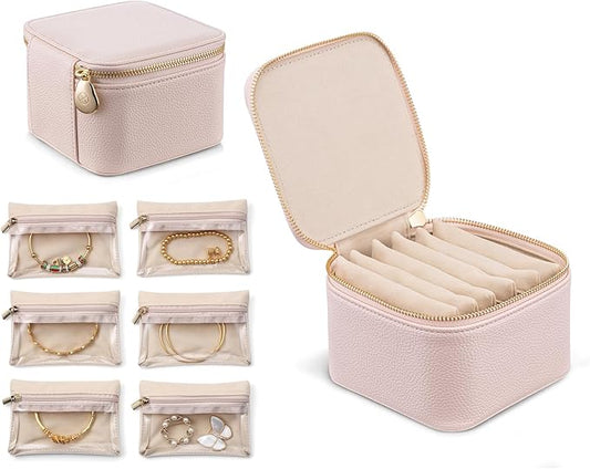 VLANDO Travel Jewelry Box Organizer – Portable PU Leather Jewelry Case with 6/8/12 Zippered Pouches, Compact Storage for Earrings Rings Necklaces Bracelets, Rosy Mauve