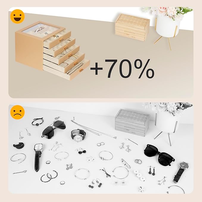 Jewelry Box with Glass Lid, 5-Layer Jewelry Organizer for Women Girls, PU Leather Display Case with 20-Grid Earring Tray & Movable Dividers for Necklaces Rings,Camel