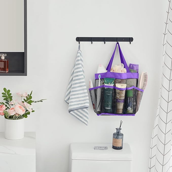 Lifewit Mesh Shower Caddy Portable for College Dorm Room Essentials with 7 Pockets, Freestanding Hanging Organizer Basket, Quick Dry Tote Bag for Camping, Bathroom, Beach, Travel, 1 Pack, Purple