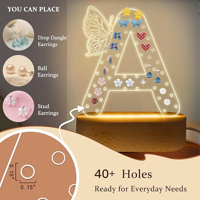 COSHAYSOO Earring Holder Organizer Teenage Girl Birthday Gifts Easter Basket Stuffers Gift Ideas for Teen Girls, LED Night Night Butterfly Decor Jewelry Stand Letter L