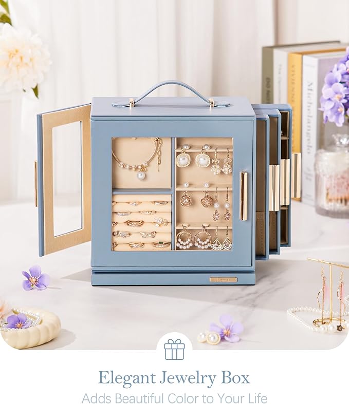 Homde Mothers Day Gifts Jewelry Box 360° Rotating, Necklace Earring Organizer with Transparent Window, Mirror, 7 Drawers, Large Ring Display Storage Case for Girls Women (Grey Blue)