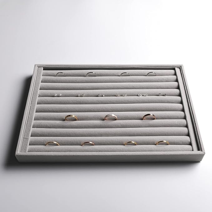 Frebeauty Stackable Velvet Jewelry Organizer Trays for Drawers Inserts Jewelry Storage Tray Display Case Earrings Bracelets Necklace Rings Accessories Trays for Women(Set of 4)(Grey).