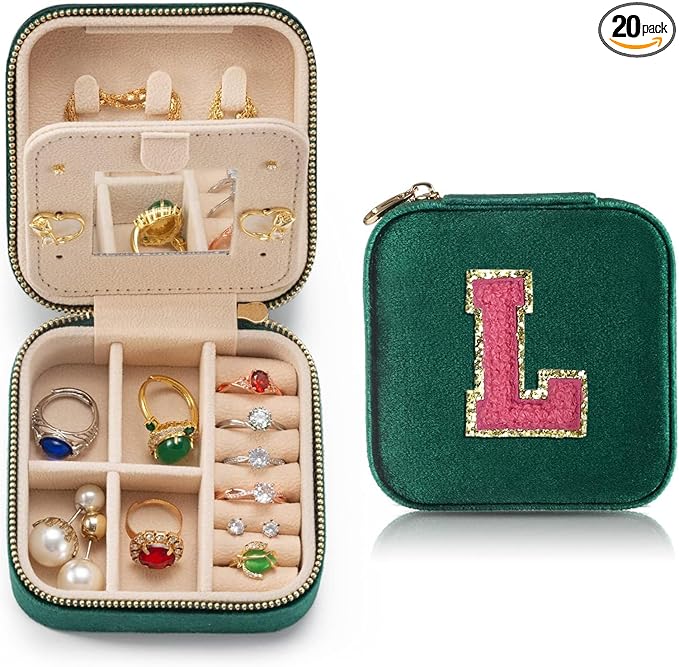 Personalized Velvet Travel Jewelry Case Box For Women Ring Necklace Earring Holder Organizer with Mirror Green Girls Box Birthday Gifts Mom Initial L