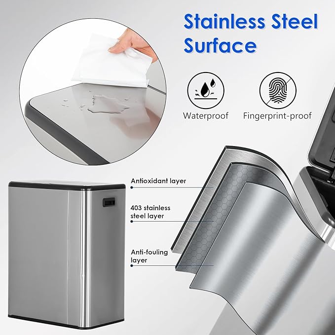 FDW Trash Can, 60 Liter (2x30L) 16 Gallon Stainless Steel Step Can, Rectangular Trash Can with Inner Buckets and Hinged Lids, Suitable for Kitchen Office Home Use,Silver