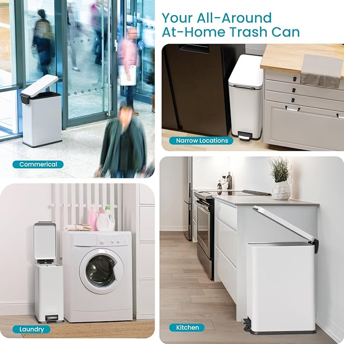 Home Zone Living 8 Gallon Slim Kitchen Trash Can with Soft Close Lid, Step Pedal, Bag Tuck Band, and Removable Liner, Stainless Steel, Matte White, 30 Liters