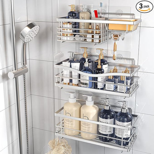 Youvip Shower Caddy, 3 Pack Large Capacity Bathroom Organizers and Storage, No Drilling Adhesive Rustproof Shelves with Soap Holder, Home Decor, Silver