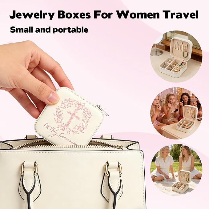First Communion Travel Jewelry Box, Small Zippered Jewelry Case with Soft Lining, White Square Keepsake Box for Rings Earrings Necklaces, Religious Keepsake Gift for Baptism or Wedding (1, White)