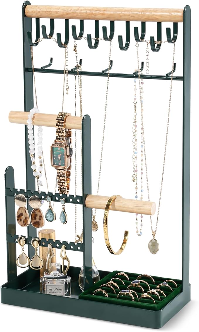 ProCase Jewelry Stand Holder Organizer, 5-Tier Necklace Holder with Ring Tray, 15 Hooks Necklaces Hanging Small Jewelry Display Storage Tower Tree for Bracelets Earrings Watches -Large, Green