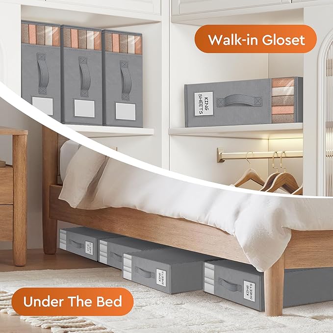 StorageTastic 6 Pack Bed Sheet Closet Organizers and Storage,Sturdy Foldable Storage Containers with Window and Label,Storage and Organization for Bedding Sheets,Duvet Covers,Blankets (Grey)
