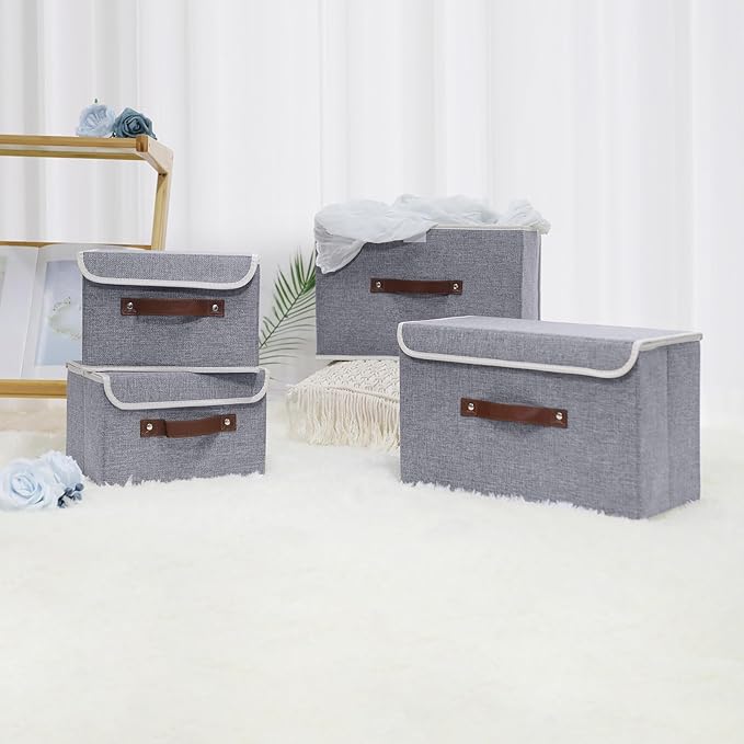 ANMINY 2PCS Storage Bin with Lid Storage Boxes with PU Leather Handles PP Plastic Board Decorative Foldable Lidded Cotton Linen Fabric Home Cubes Baskets Closet Organizer Container - Gray, Medium