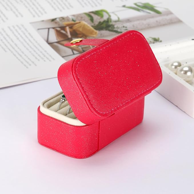 KUKUVR Small Travel Jewelry Box, Mini Jewelry Holder for Multiple Rings Necklace Earrings Lipstick, Portable Jewelry Storage Organizer Case with Removable Ring Slot (RED)