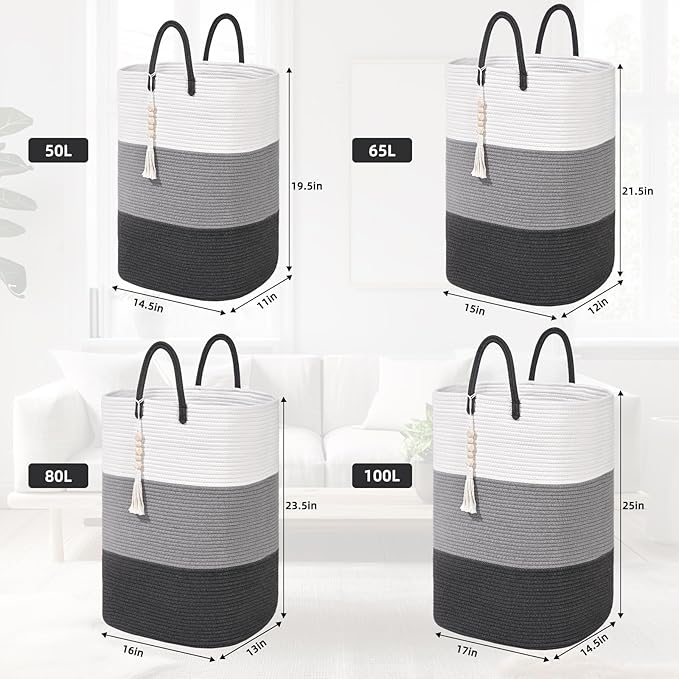Woven Laundry Basket for Clothes,100 L Large Rectangle Laundry Hampers with Beads Tassel, Nursery Storage Basket for Toys, Tall Dirty Clothes Hamper for Bedroom Aesthetic, Laundry Room Organization