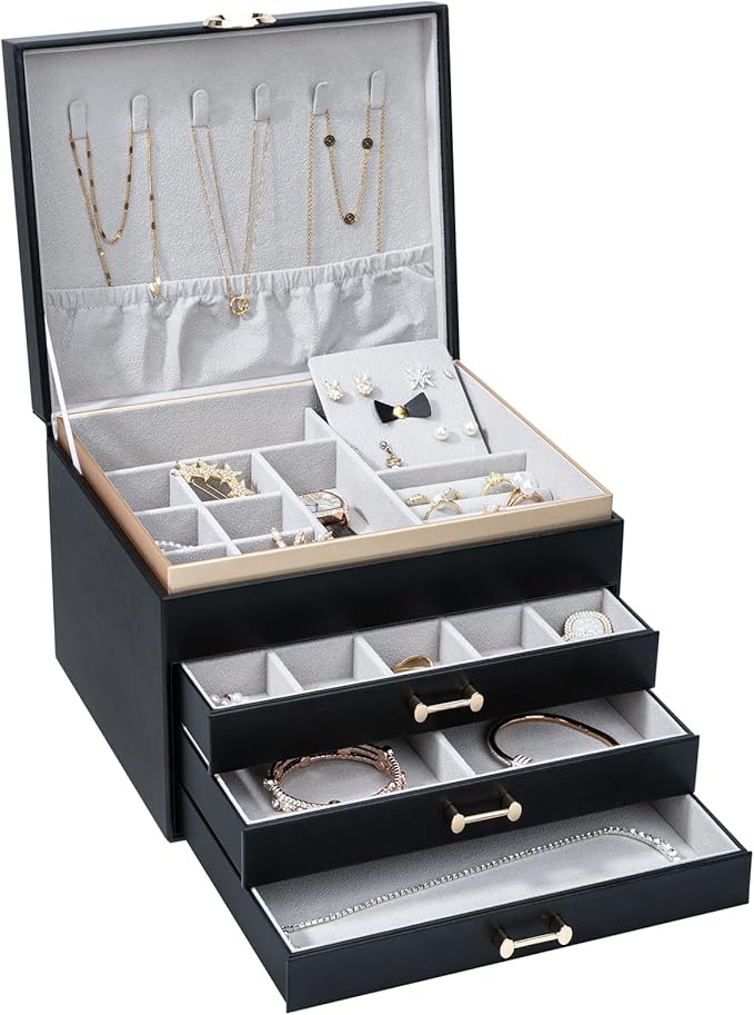 Jewelry Box，4-Layer Large Jewelry Organizers for Women with 3 Drawers,Storage Modern Style Jewelry Boxes Storage of Earrings Rings Bracelets Necklace（Black）