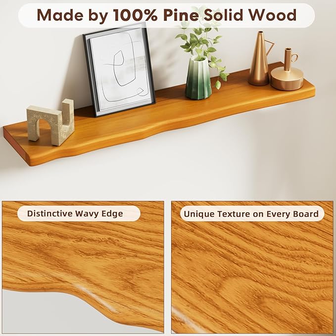 Floating Shelves for Wall Rustic Farmhouse 48 Inch Floating Shelf Bathroom Wooden Shelves for Wall Mounted Live Edge Pine Shelf with Unique Natural Grain for Living Room Bedroom Kitchen (Honey Walnut)