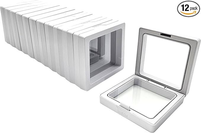 12PCS 3D Floating Frame Display Stand, Jewelry Box, Gift Box, Ornament Organizer, Small Travel Jewelry Box, PE Film Anti-Oxidation, Suspended Display Box Stackable (White, 2.75 * 2.75)