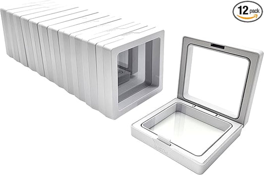 12PCS 3D Floating Frame Display Stand, Jewelry Box, Gift Box, Ornament Organizer, Small Travel Jewelry Box, PE Film Anti-Oxidation, Suspended Display Box Stackable (White, 2.75 * 2.75)