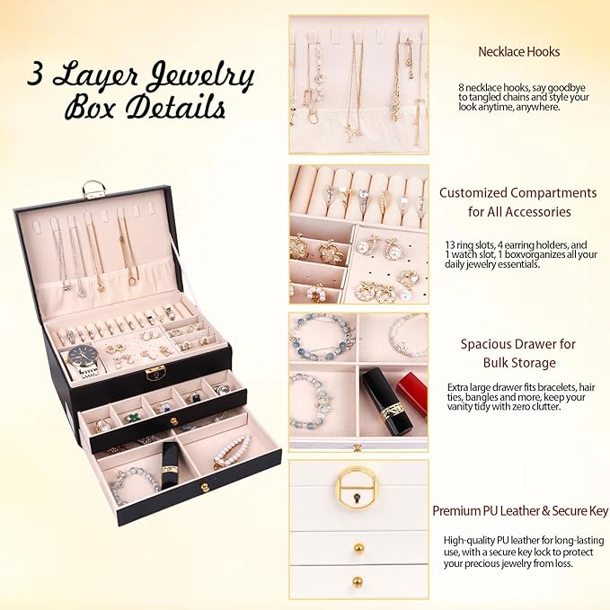 Jewelry Organizer Box for Women, Large Jewelry Organizer with Lock, 3 Tier Storage Box with Velvet Lining, 2 Drawers, Necklace Hooks, Ring Rolls