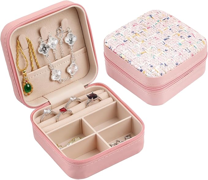 Travel Essentials: Stylish Portable Mini jewelry box, Travel jewelry organizer, Travel jewelry case. Portable jewelry case for travel. Thank you gifts for women, Birthday gifts for girls. (Pink)