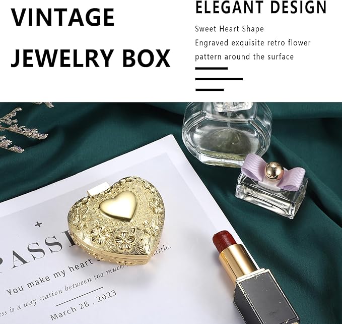 Hipiwe Vintage Jewelry Box Heart Shape Trinket Chest Metal Gold Treasure Storage Case for Rings Earrings Necklace Keepsake Organizer Gift for Woman