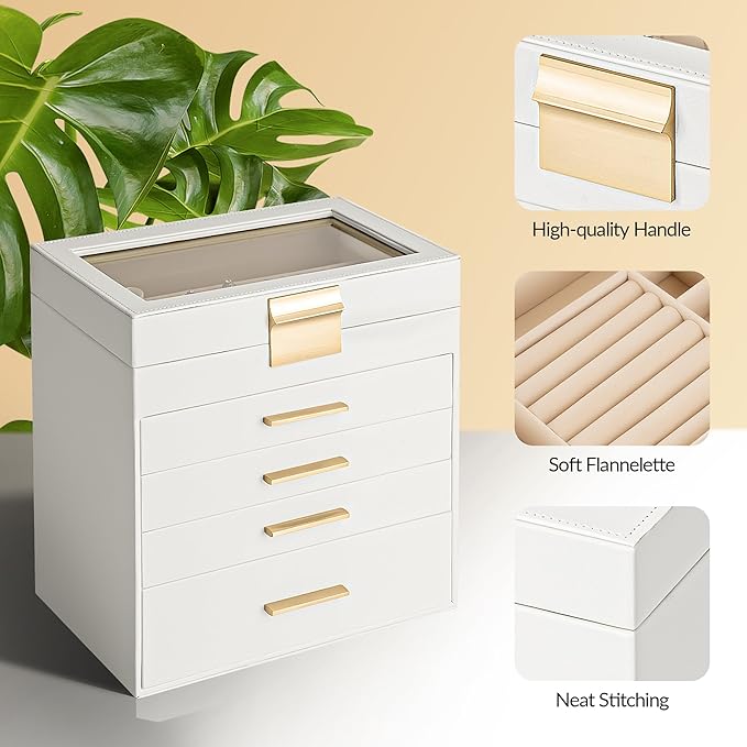 Somduy Jewelry Box, 5 Layers Jewelry Storage Display Box with Glass Lid for Women, 4 Drawers,Large Capacity for Necklace Earrings Bracelets Rings,White