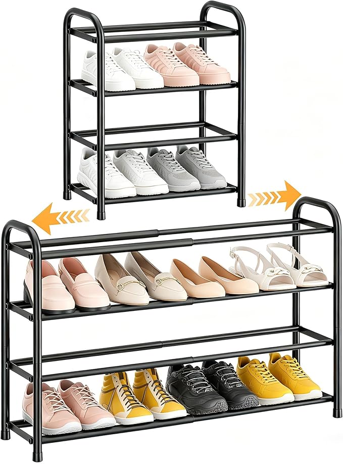 ENJOYBASICS 4 Tier Expandable Shoe Rack for Closet, Free Standing Metal Shoe Shelf Storage Organizer Holder 16 Pairs, Adjustable Width Shoe Rack for Entryway Small Space, Black