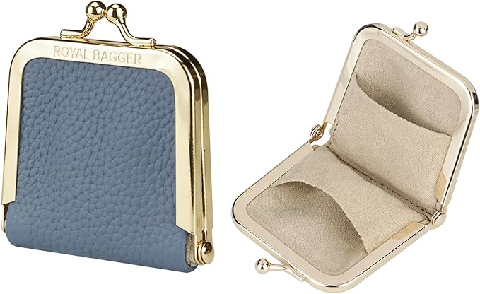 Royal Bagger Genuine Cow Leather Ultra-Slim Mini Jewelry Box, Ring & Necklace Storage, Slim Coin Purse with Kiss Lock for Women 3120 (Linen Blue)