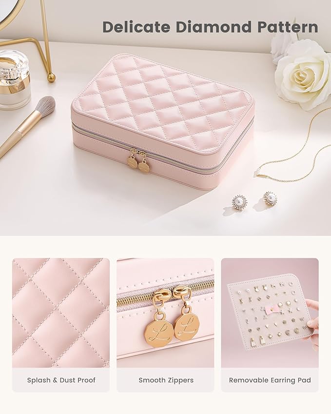 Lolalet Travel Jewelry Case for Women Girls, PU Leather Jewelry Organizer with Clear Storage Bag Small Portable Jewelry Box for Necklace Bracelet Earring Ring Mothers Day Birthday Gifts -Large/Pink