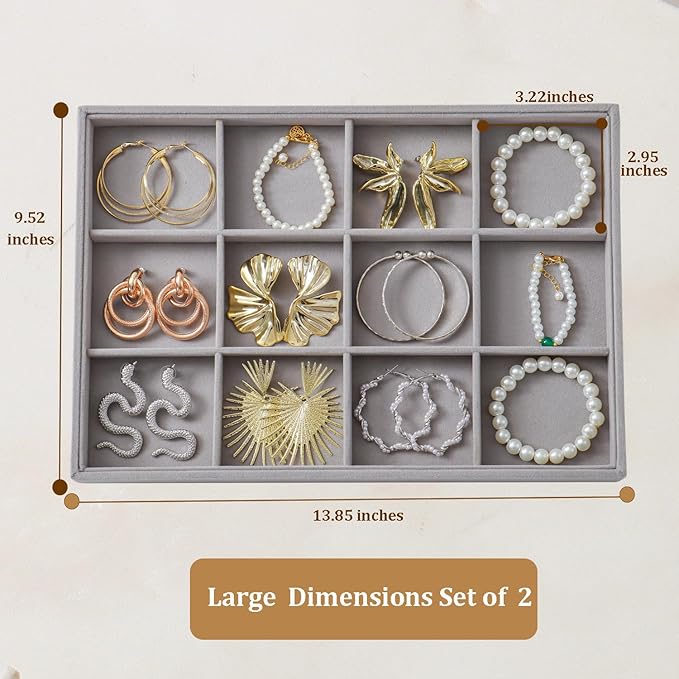 Large Velvet Jewelry Tray 2 Pack Stackable Jewelry Display Drawer Inserts Trays Organizer for Earring Bracelet Necklace Ring (Gray, 12 Grids)