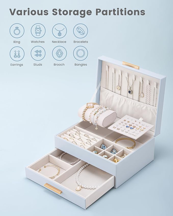 Lolalet 2-Layer Jewelry Box Organizer for Women Girls, Jewelry Storage Case Holder with Drawers for Necklaces Ring Earrings Bracelet Watch, Gifts Choice for Mom Mother’s Day -Blue