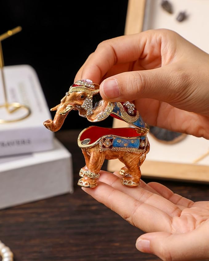 Hand Painted Trinket Box Enamel Vintage Jewelry Box Elephant Hinged Metal Jewelry Organizer Decorative Treasure Box Unique Gifts for Animal Lover