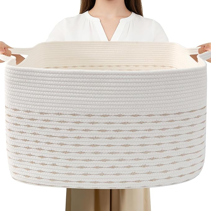 96L Large Blanket Basket,24"x16"x15"Rectangle Storage Bin with Handles,Woven Rope Laundry Basket for Toys, Clothes,Magazines,Home Organization,Nursery,Living Room & Bedroom,White&Yellow