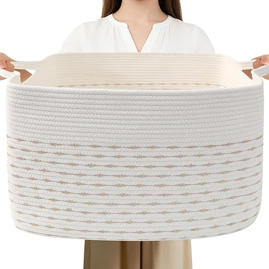 96L Large Blanket Basket,24"x16"x15"Rectangle Storage Bin with Handles,Woven Rope Laundry Basket for Toys, Clothes,Magazines,Home Organization,Nursery,Living Room & Bedroom,White&Yellow