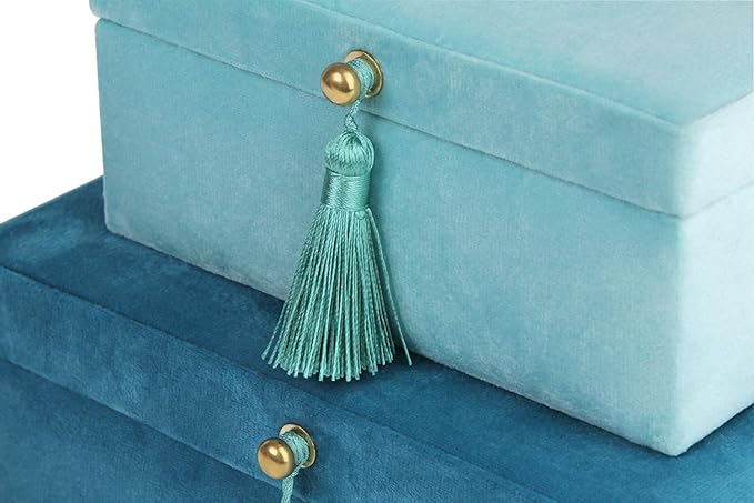 HofferRuffer Velvet Jewelry Boxes Decorative Boxes, Storage Accessory Organizer Boxes with Elegant Handle Decor, Classic Velvet Set of 2 Pieces (Blue)