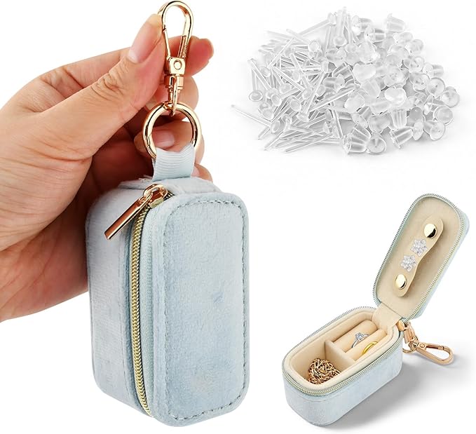 Velvet Mini Travel Jewelry Case, 2 in 1 Ring Holder Keychain + 50 Plastic Earrings, Portable Small Jewelry Organizer for Women, Travel/Gym/Wedding/Bridesmaid Gift