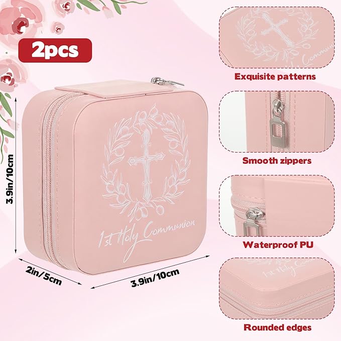 2 Pcs First Communion Travel Jewelry Box, Small Pink Case with Zipper & Soft Lining, Christian Keepsake Organizer for Rings Earrings Necklaces, Religious Keepsake Gift for Girls (2, Pink)