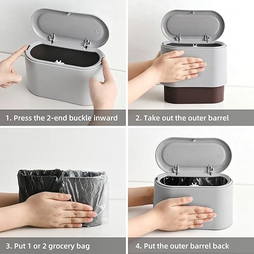 SUBEKYU 0.5 Gal Mini Countertop Trash Can with Lid for Desktop, Small Garbage Can for Office, Tiny Wastebasket, Plastic, Light Grey
