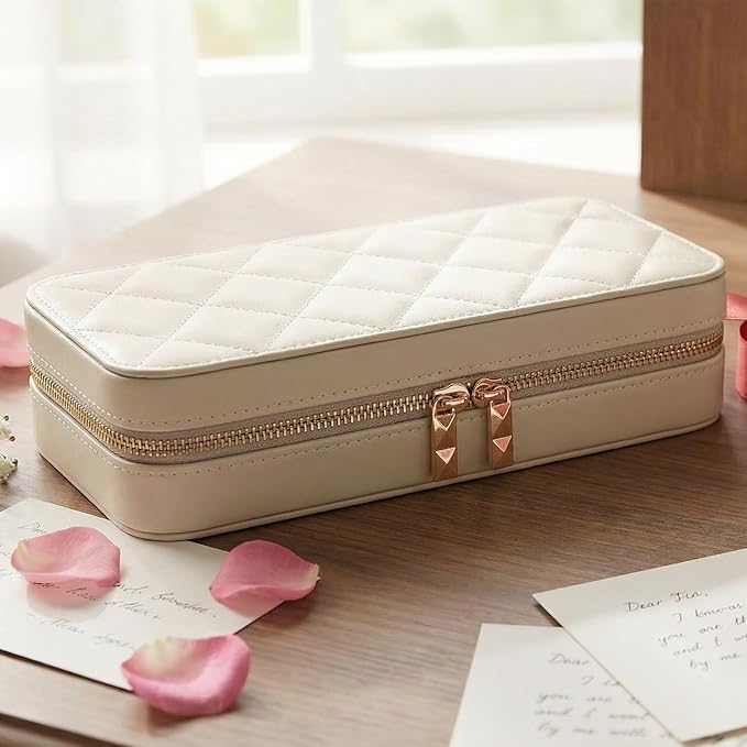 Travel Jewelry Case with Mirror, Quilted Small Jewelry Box Organizer for Women Girls, Portable Earring Necklace Bracelet Ring Holder Storage for Travel Weekend Trips (Beige)