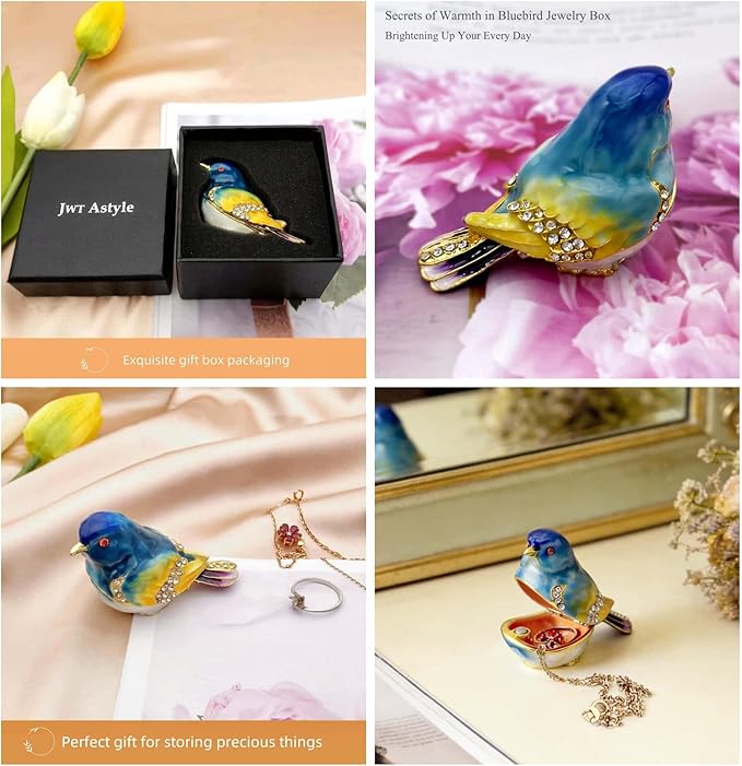 JWT Astyle Blue Mountain Bird Hinged Trinket Box with Crystal Stones .Animal Jewelry Box.Necklace Rings Earrings Storage.Bird Figurines Home Decor,Collectible Trinket Boxes Gift ., Blue Yellow