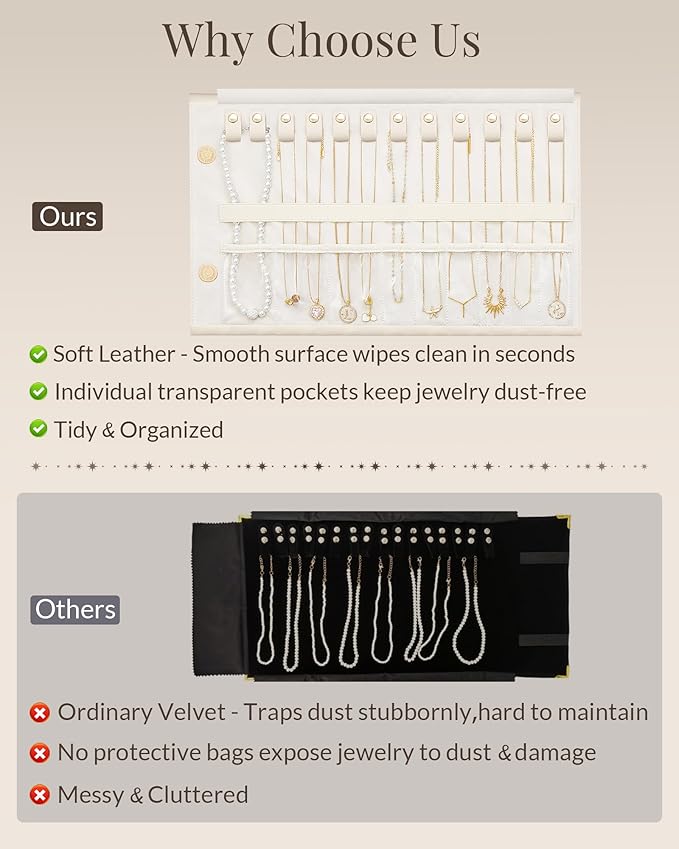 Lolalet Travel Necklace Organizer, Tangle-Free Necklace Case for Travel, Leather Foldable Roll Up Jewelry Storage Bag for Necklaces Chains Bracelets, Mothers Day Gift